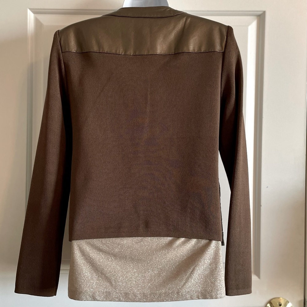 Peter Nygard Bronze Leather & Knit Zip Front Jacket w/ Zipper Pockets - Picture 5 of 11